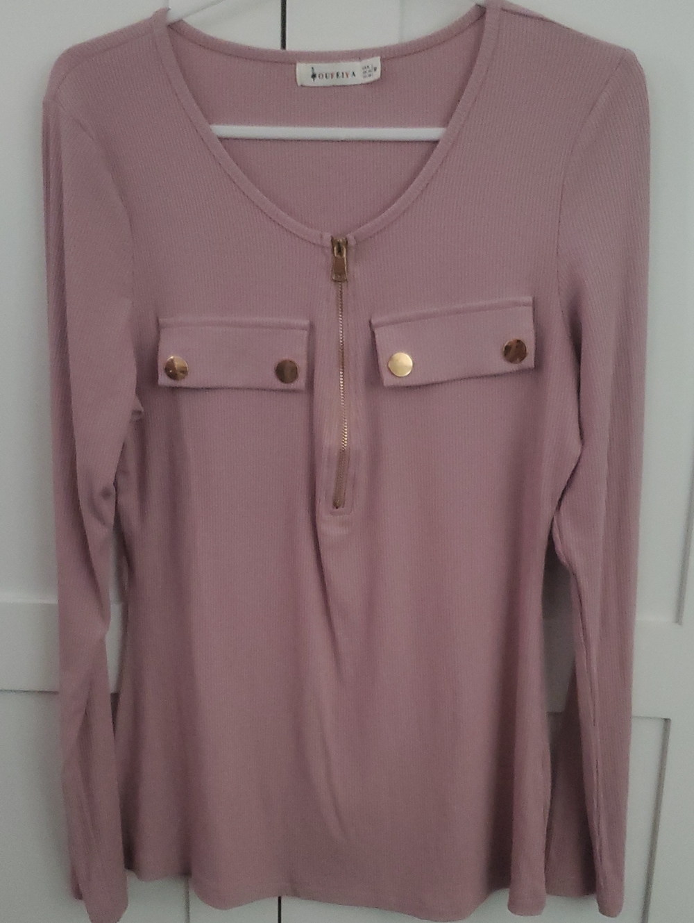 Souriva Mauve Ribbed Long Sleeve Zip Front Top